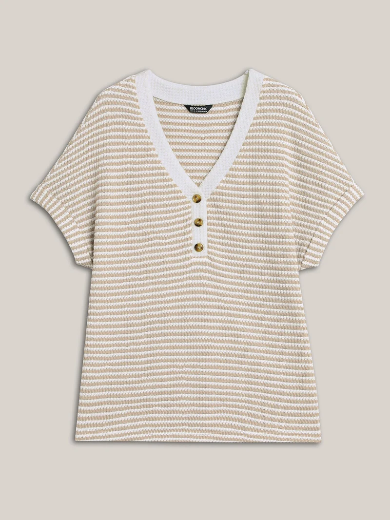 Striped Half Placket Waffle T-Shirt