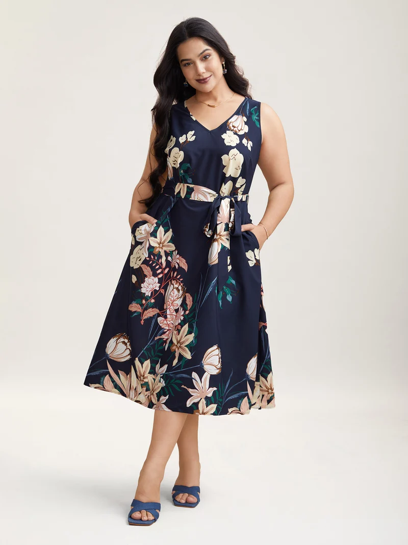Floral Print V Neck Pockets Midi Dress