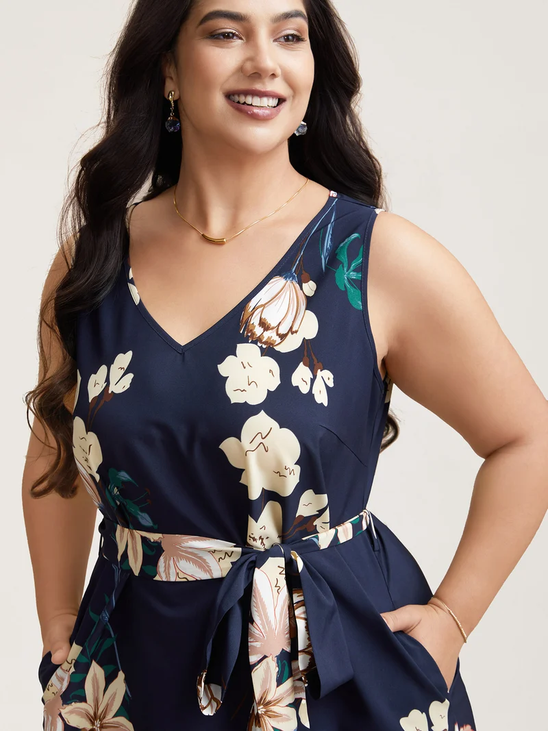 Floral Print V Neck Pockets Midi Dress