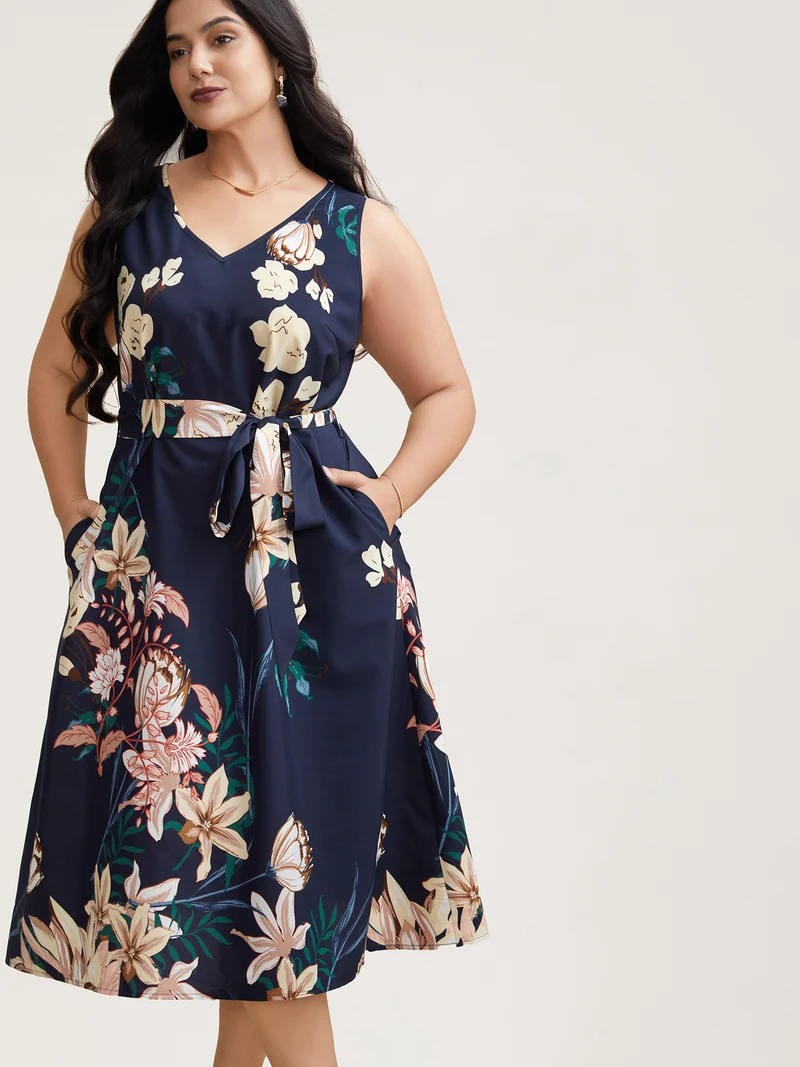 Floral Print V Neck Pockets Midi Dress