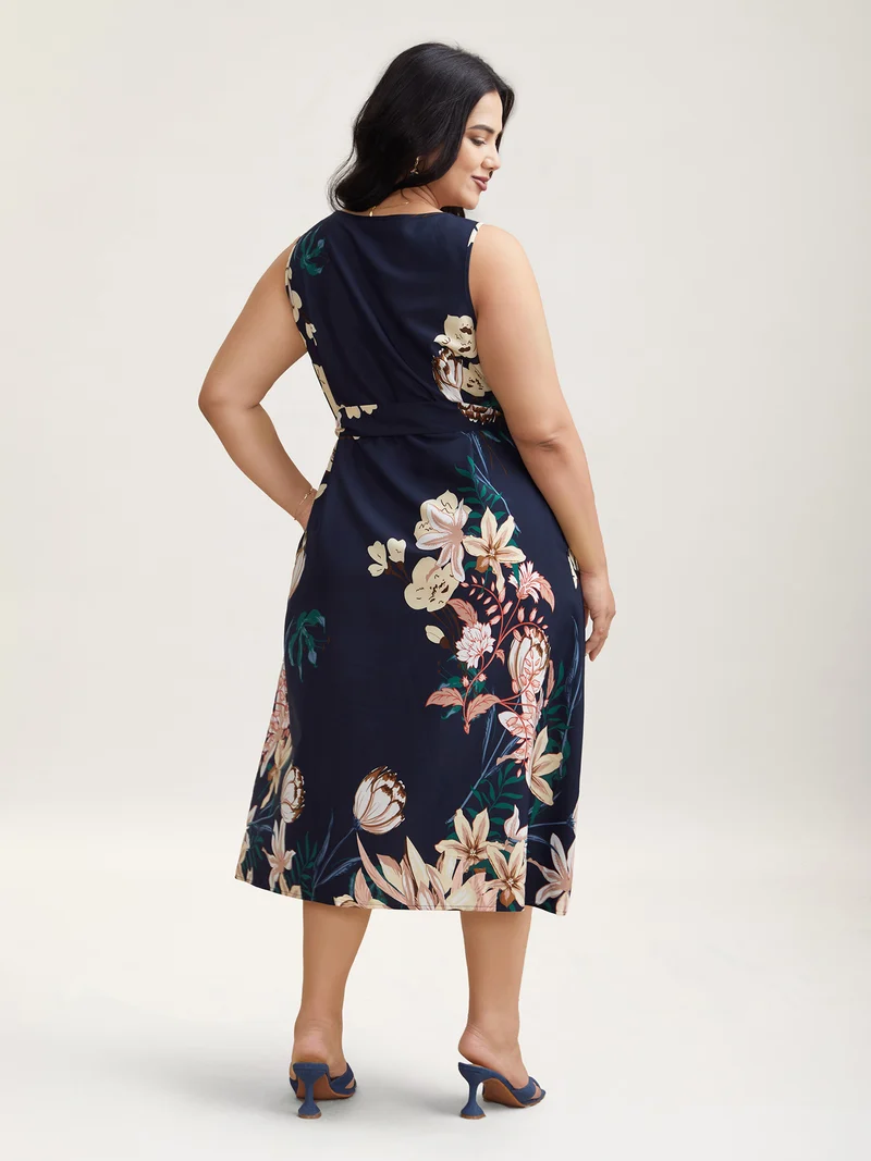 Floral Print V Neck Pockets Midi Dress