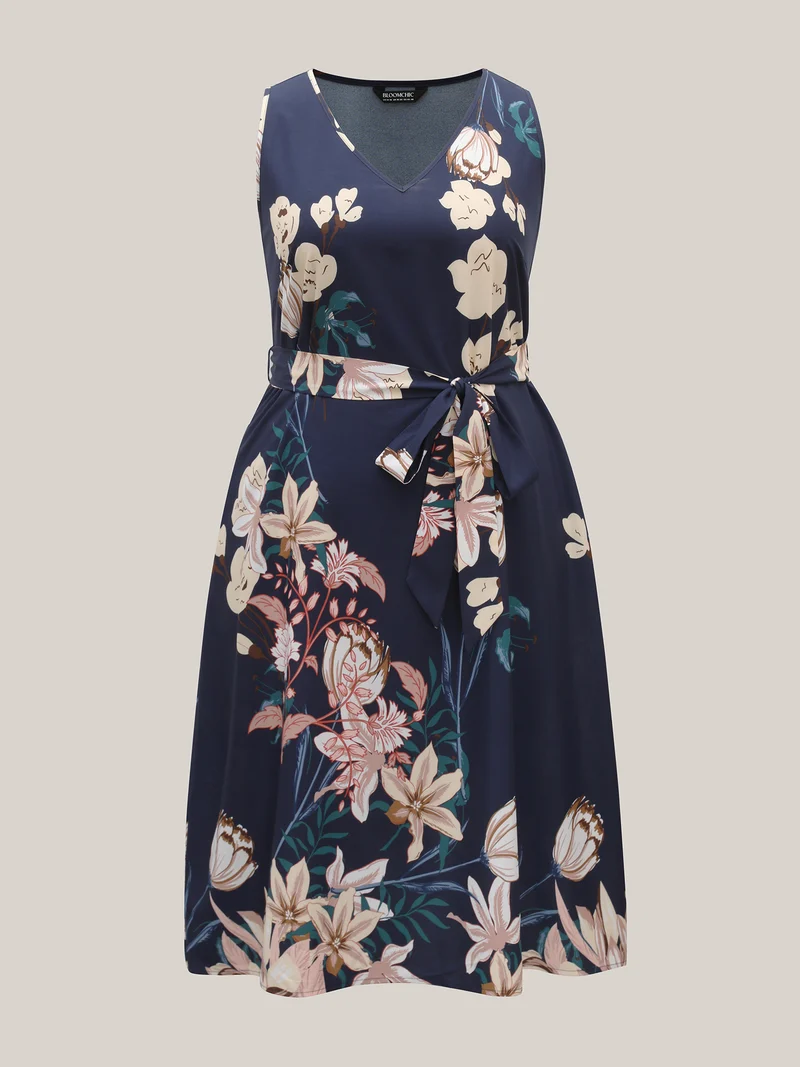 Floral Print V Neck Pockets Midi Dress
