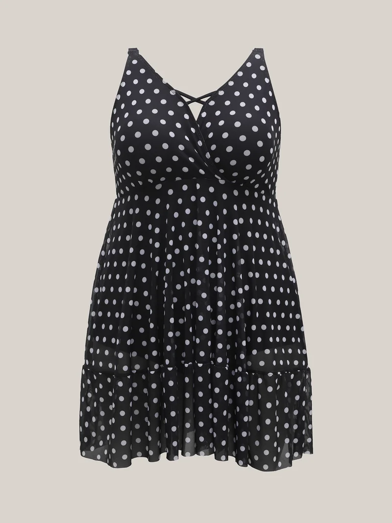 Polka Dots Mesh Ruffled Swim Dress