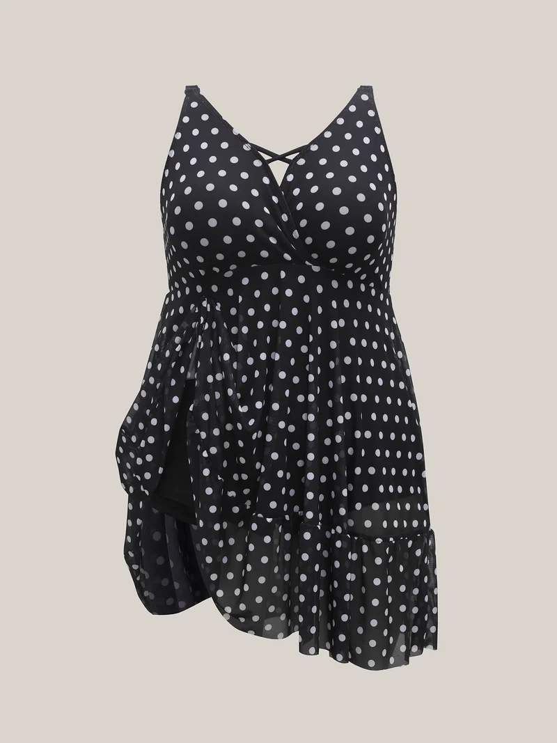 Polka Dots Mesh Ruffled Swim Dress