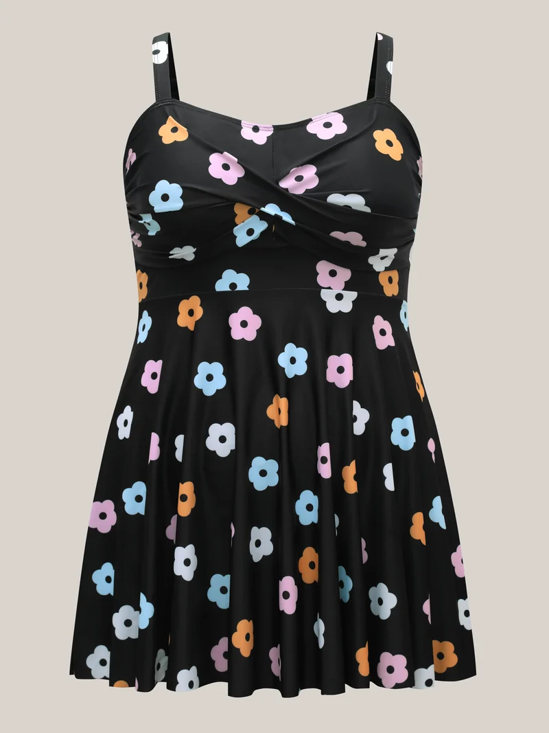 Twist Front Floral Print Flared Swim Dress