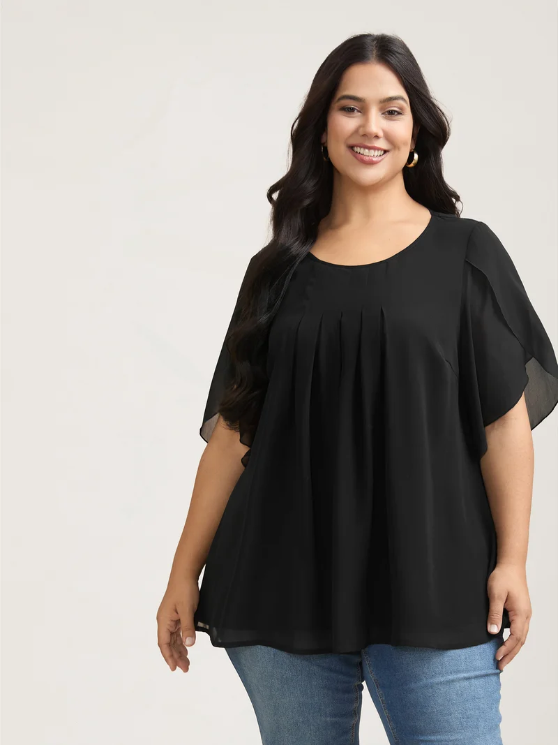 Petal Sleeve Pleated Sheer Shirt