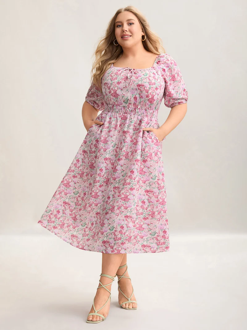 Floral Print Shirred Waist Pockets Midi Dress