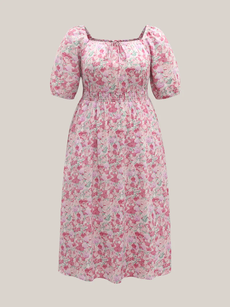 Floral Print Shirred Waist Pockets Midi Dress