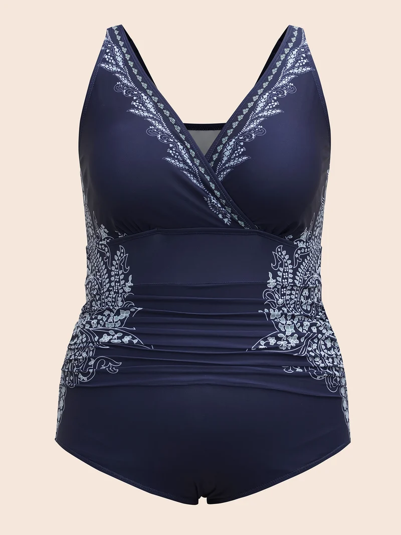 Surplice Neck Boho Ruched One-Piece Swimsuit