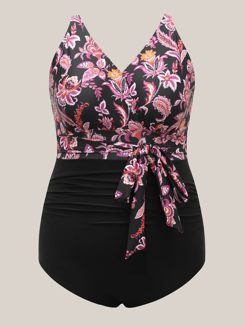 Floral Print Front-Knot One-Piece Swimsuit