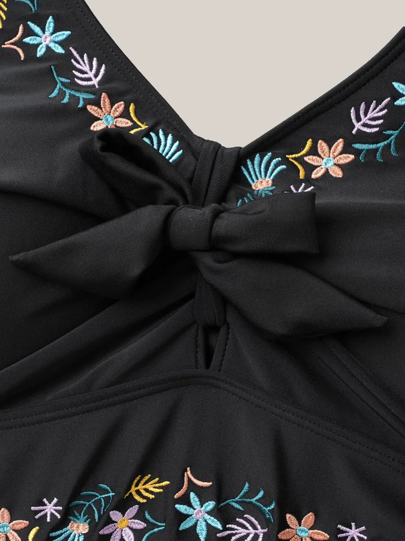 Multi-Color Embroidered Lace Tied Swim Top