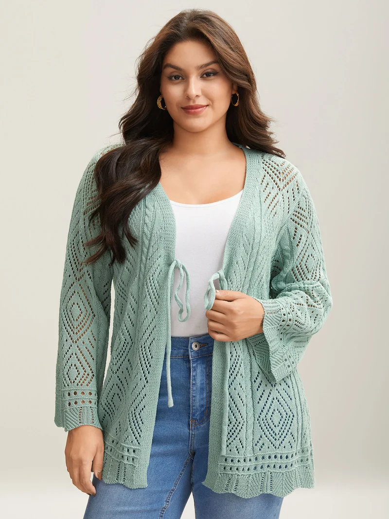 Cut-Out Textured Tied Knit Cardigan