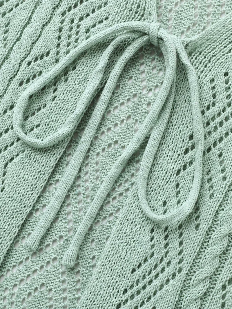 Cut-Out Textured Tied Knit Cardigan