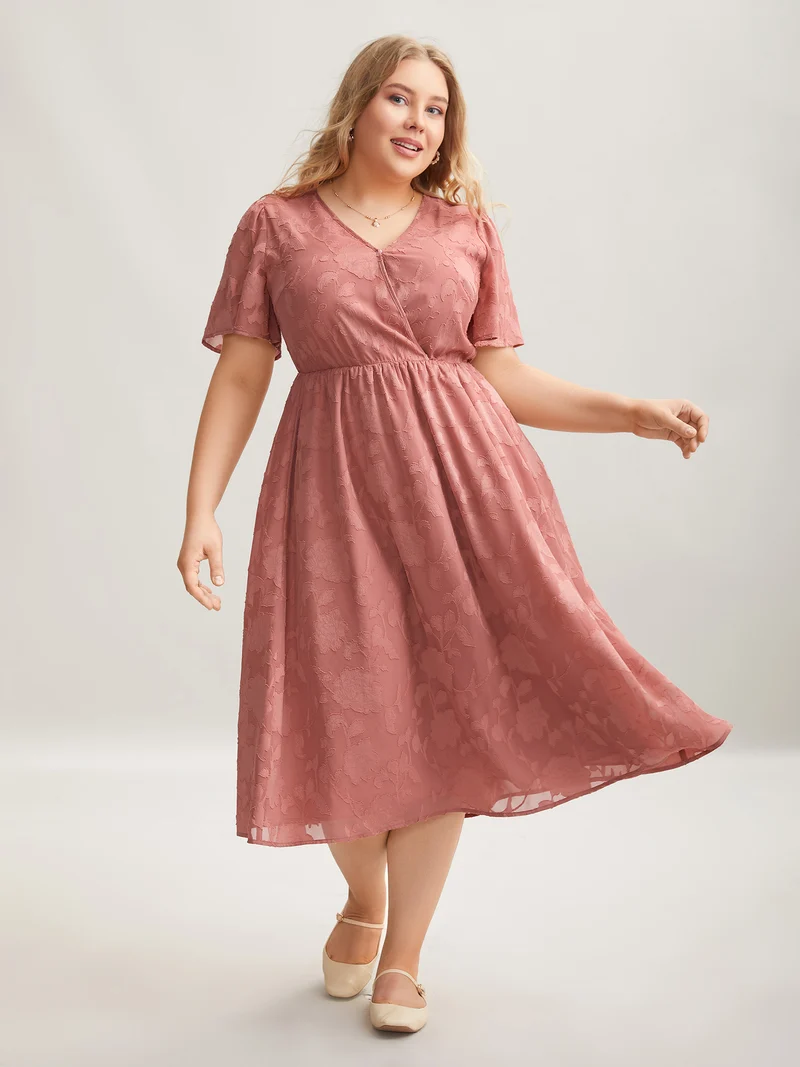 Textured Surplice Neck Flared Sleeve Midi Dress