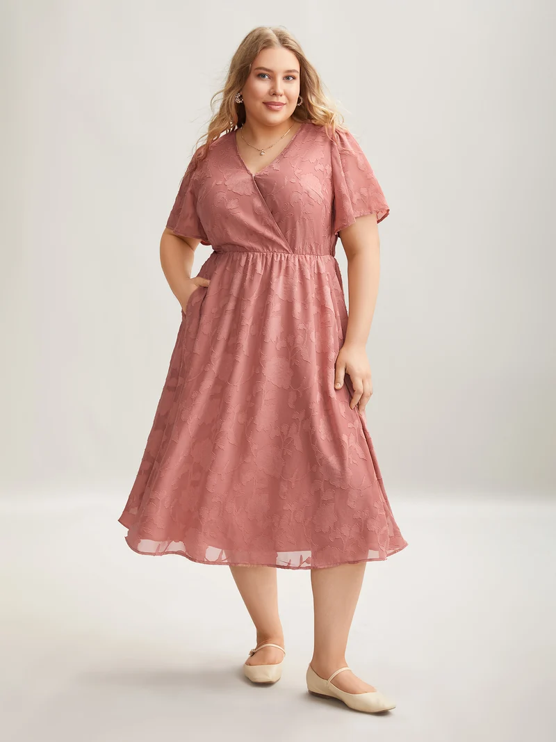 Textured Surplice Neck Flared Sleeve Midi Dress