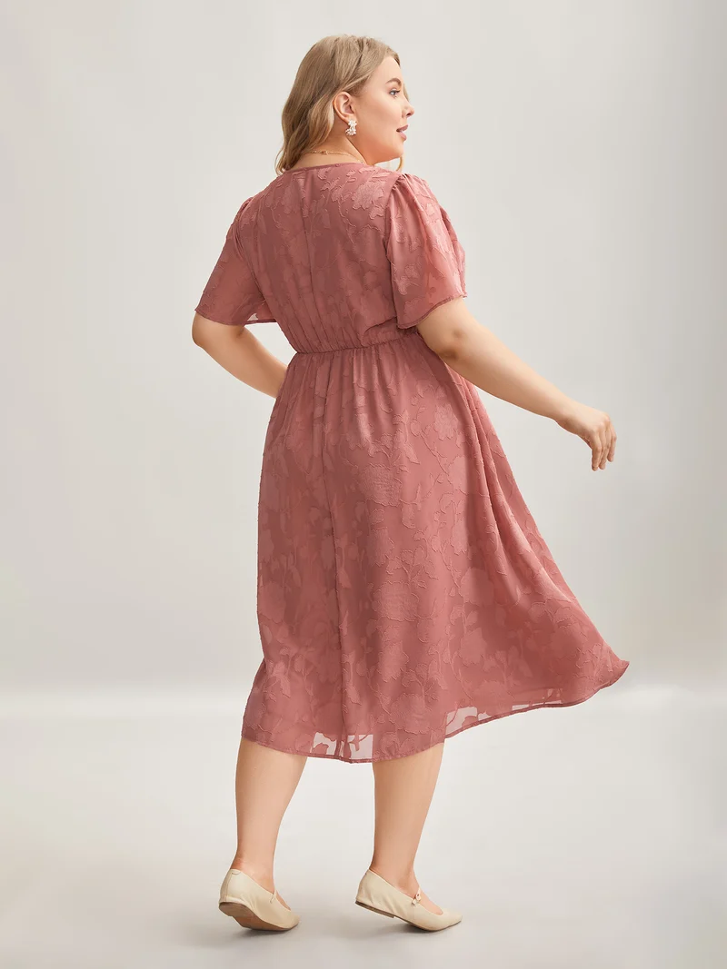 Textured Surplice Neck Flared Sleeve Midi Dress