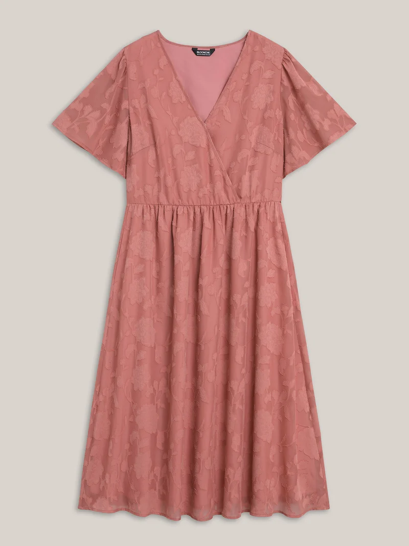 Textured Surplice Neck Flared Sleeve Midi Dress