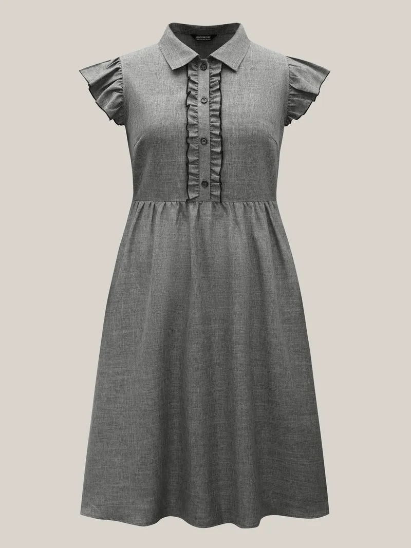 Ruffled Trim Shirt Collar Flared Midi Dress