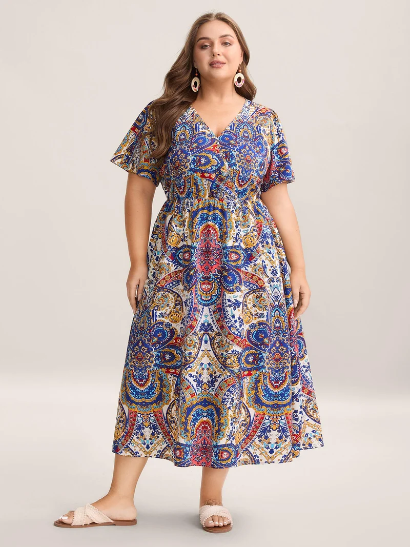 Paisley Print Pockets Surplice Neck Midi Dress