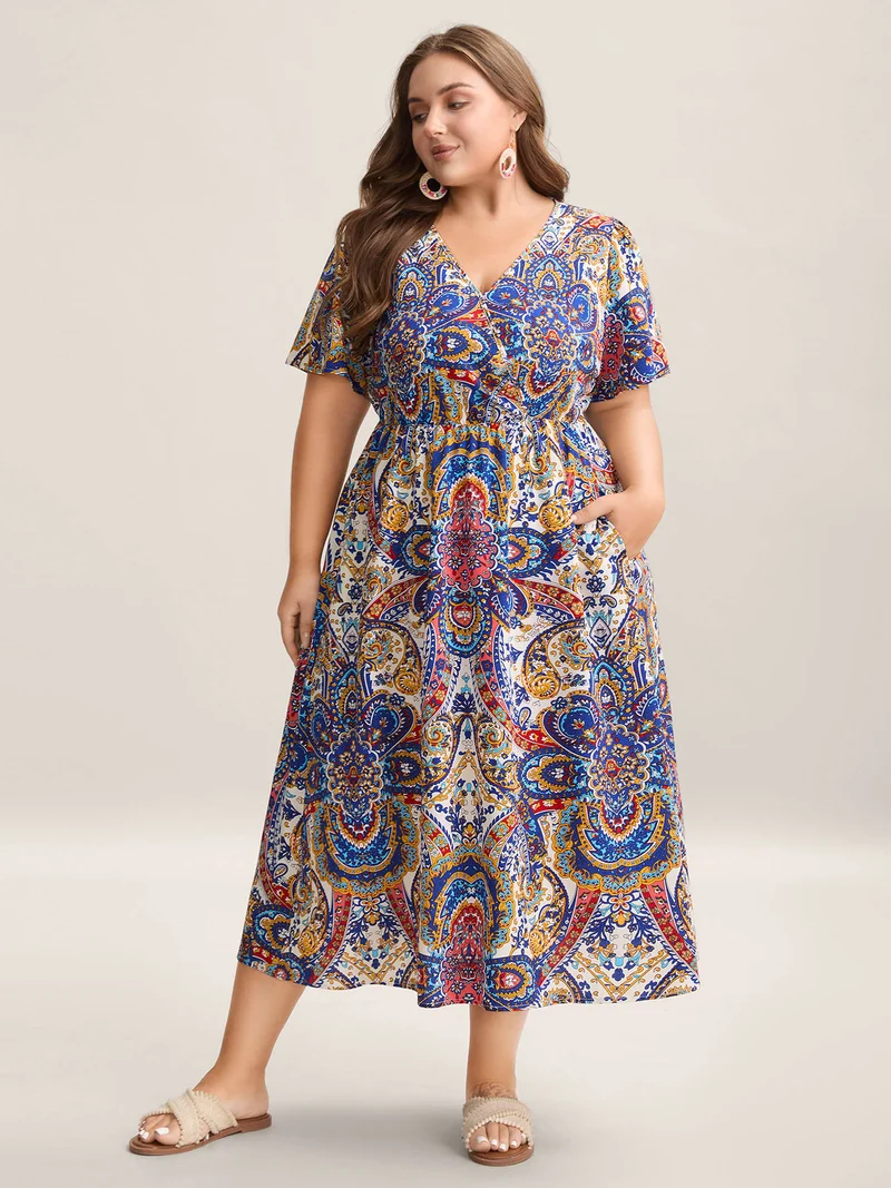 Paisley Print Pockets Surplice Neck Midi Dress