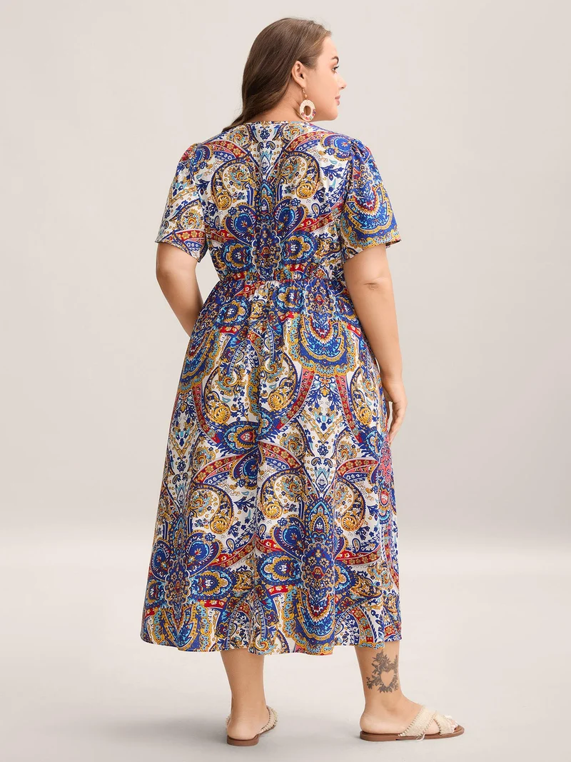 Paisley Print Pockets Surplice Neck Midi Dress