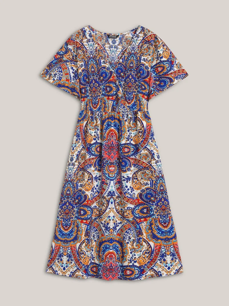 Paisley Print Pockets Surplice Neck Midi Dress
