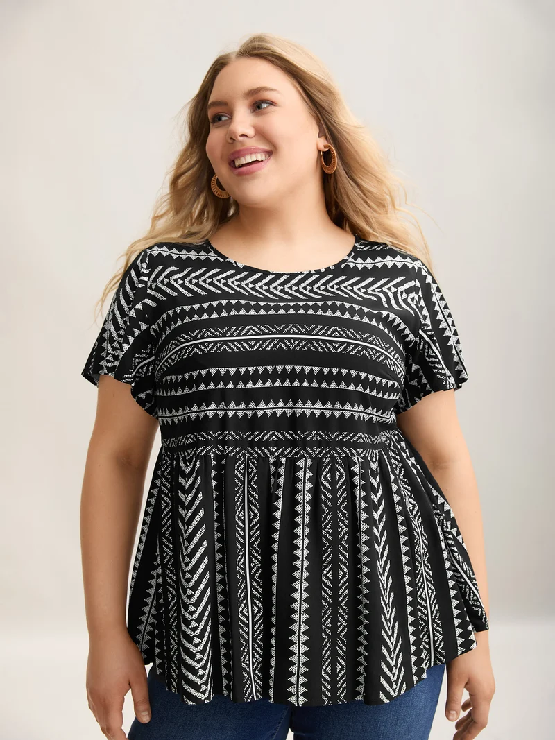 Boho Striped Round Neck Babydoll Shirt
