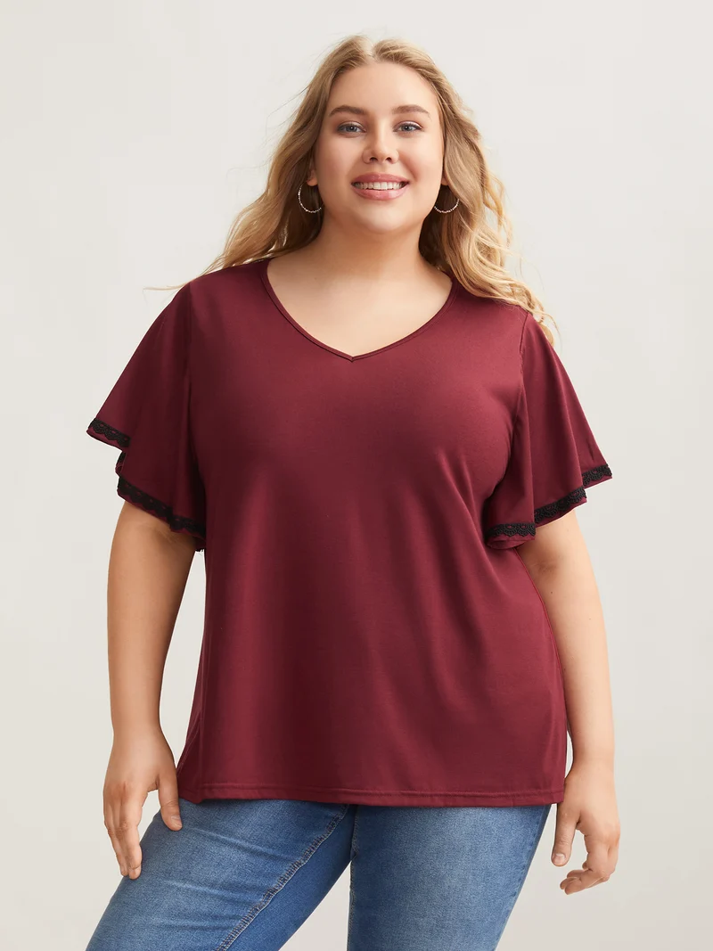 Stretchy Color Contrast Flutter Sleeve T-Shirt