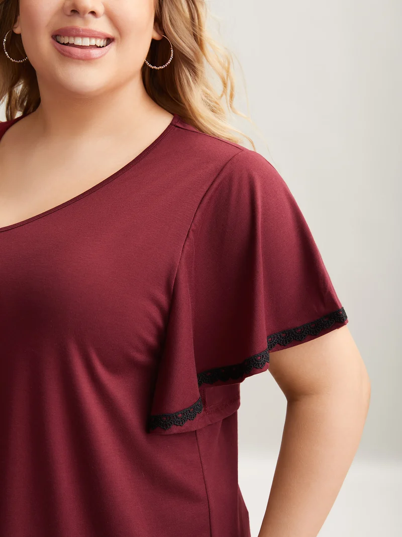 Stretchy Color Contrast Flutter Sleeve T-Shirt