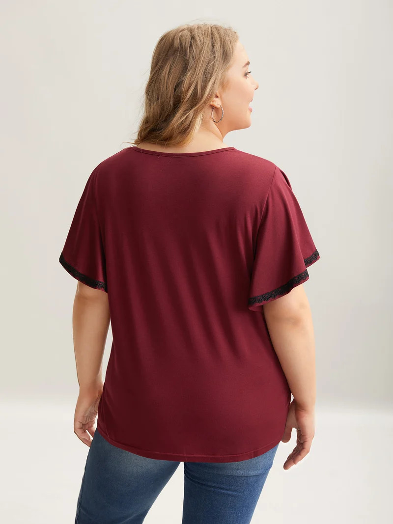 Stretchy Color Contrast Flutter Sleeve T-Shirt