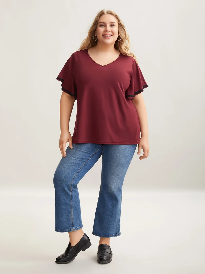Stretchy Color Contrast Flutter Sleeve T-Shirt
