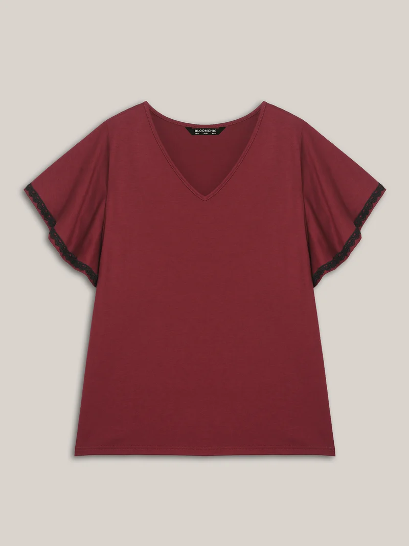 Stretchy Color Contrast Flutter Sleeve T-Shirt