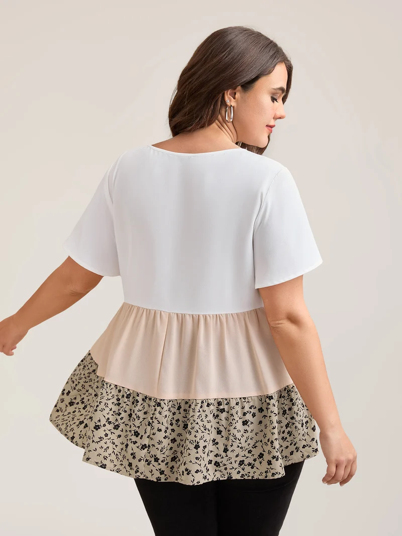 Round Neck Contrast Tiered Blouse