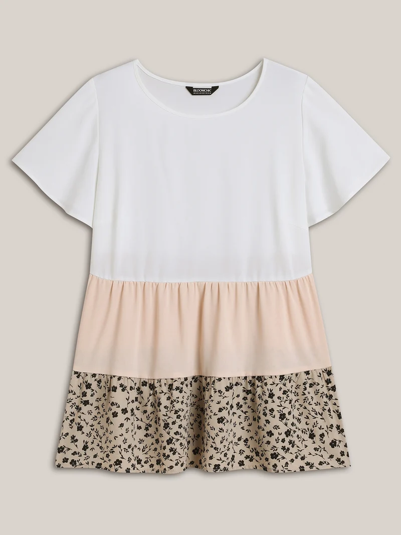Round Neck Contrast Tiered Blouse