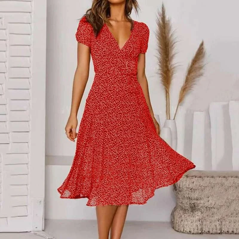 Robe midi évasée pour femme à col V