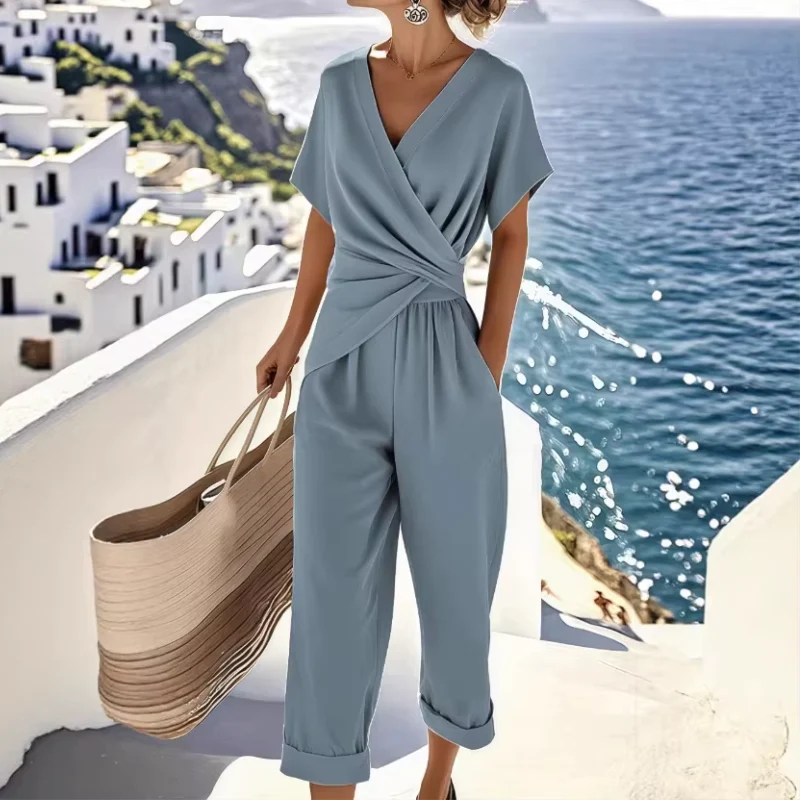 Ensemble 2 pièces pour femme avec haut à col V