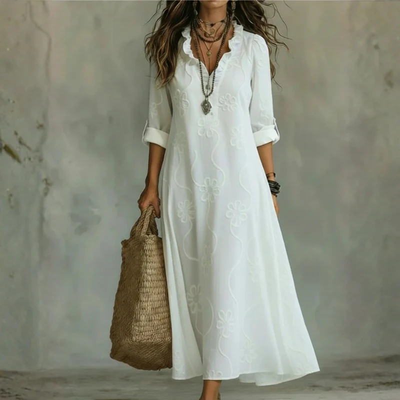 Robe maxi brodée pour femme à col V