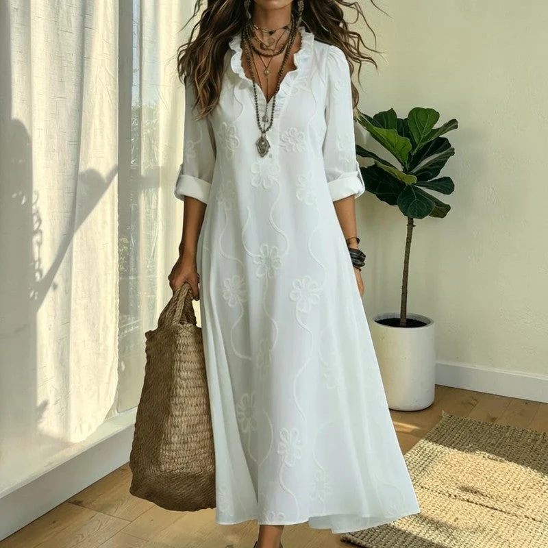 Robe maxi brodée pour femme à col V