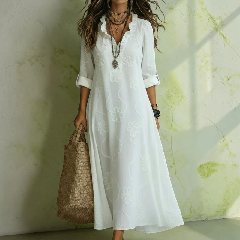 Robe maxi brodée pour femme à col V