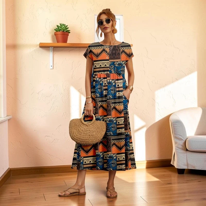 Robe midi imprimée pour femme à col rond