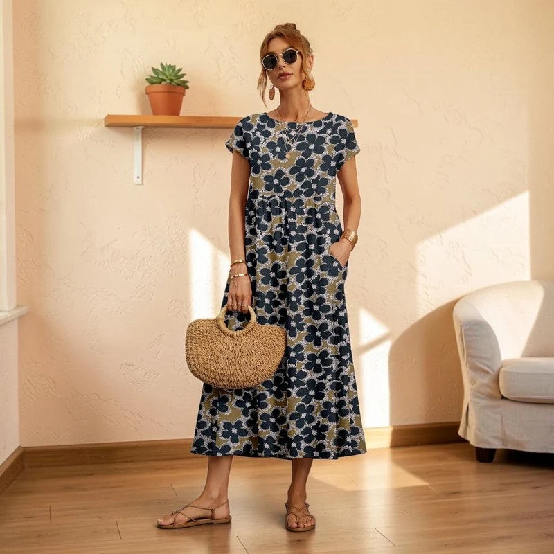 Robe midi imprimée pour femme à col rond