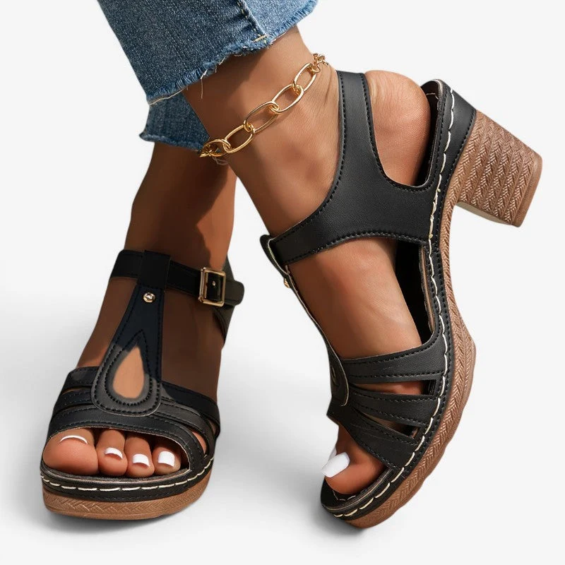 Sandales à talon épais pour femme avec bride de cheville à boucle