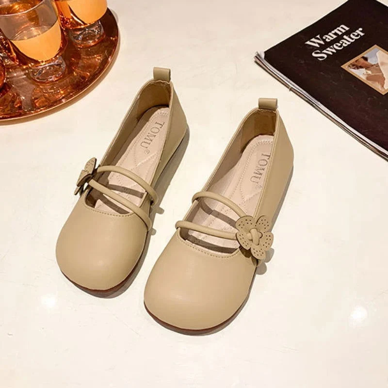 Chaussures plates à bout rond pour femme avec bride à fleur décorative