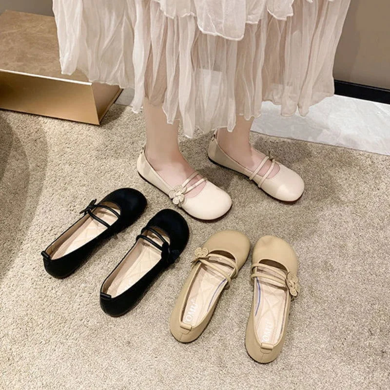 Chaussures plates à bout rond pour femme avec bride à fleur décorative