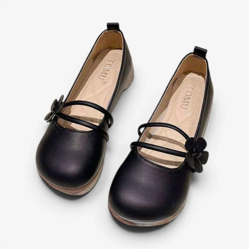 Chaussures plates à bout rond pour femme avec bride à fleur décorative