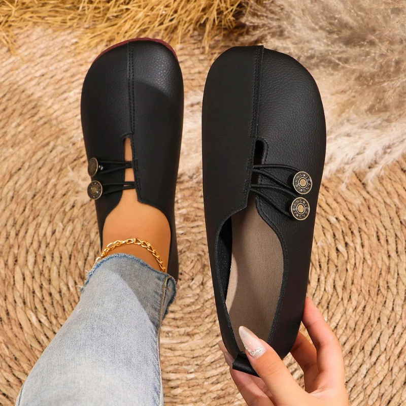 Chaussures plates à bout rond pour femme avec fermeture à bouton