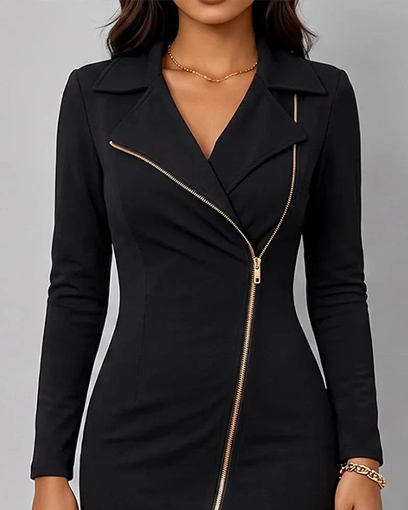 Robe Revers Diagonale Fermeture Éclair Fente