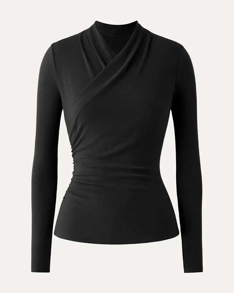 Haut Croisé Col En V Taille Plissée Manches Longues