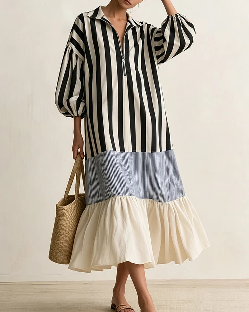 Robe Col Fermeture Éclair Rayé Bloc de Couleur Superposé