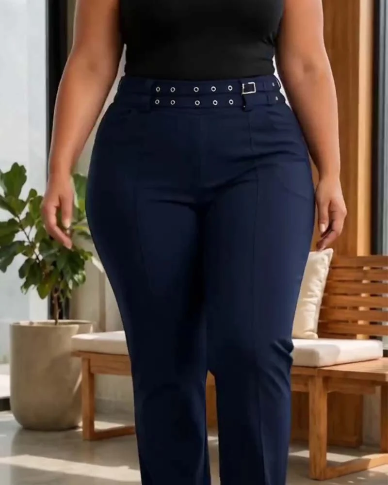 Pantalon Élégant Taille Haute Slim Fit Long